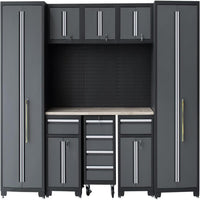 Garage Storage Cabinet System 9-Pcs Workshop Set Garage Cabinets and Storage System with Steel Cabinet Drawers, Rolling Chest, Workbench, Pegboard for Garage Tool Organization, Black