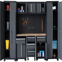 Garage Storage Cabinet System 9-Pcs Workshop Set Garage Cabinets and Storage System with Steel Cabinet Drawers, Rolling Chest, Workbench, Pegboard for Garage Tool Organization, Black