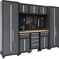 Garage Storage Cabinet System 9-Pcs Workshop Set Garage Cabinets and Storage System with Steel Cabinet Drawers, Rolling Chest, Workbench, Pegboard for Garage Tool Organization, Black