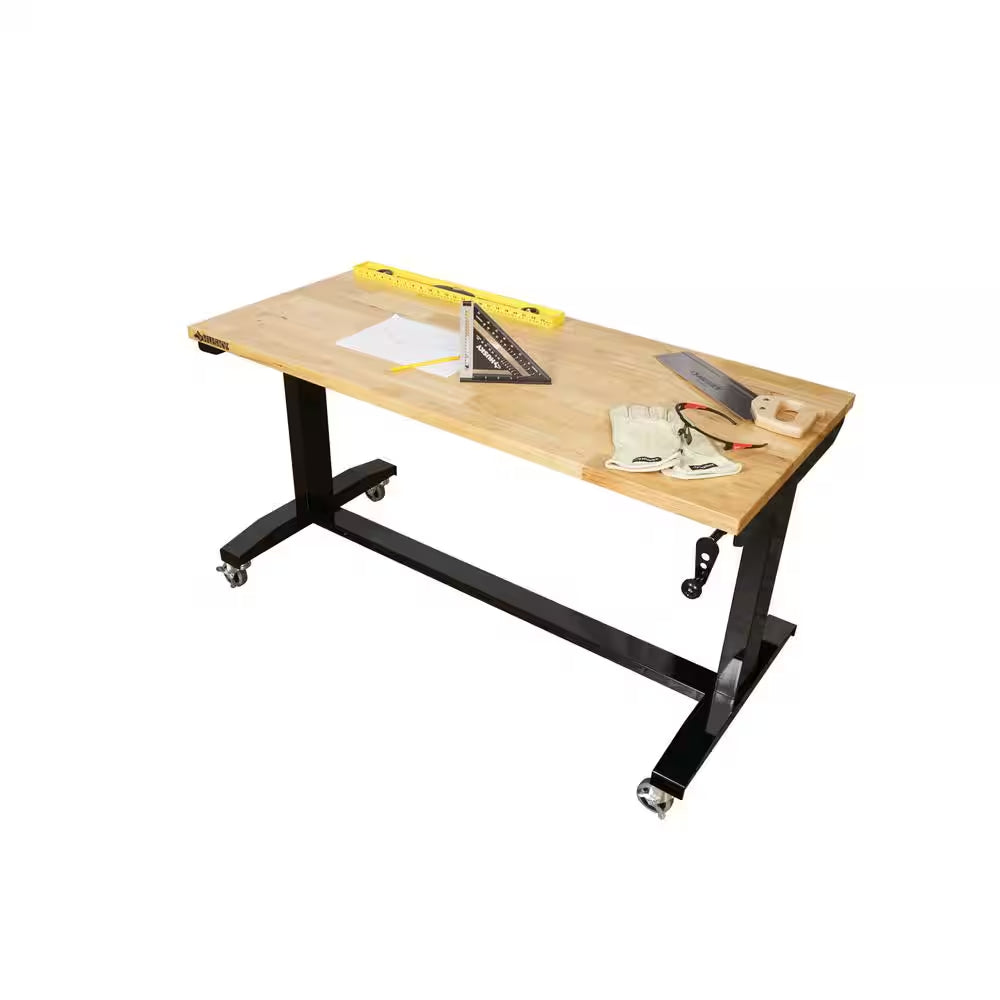 52 In. W X 24 In. D Adjustable Height Solid Wood Top Workbench Table in Black