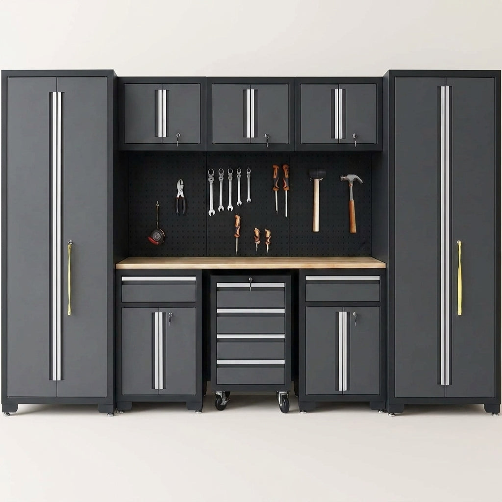 Garage Storage Cabinet System 9-Pcs Workshop Set Garage Cabinets and Storage System with Steel Cabinet Drawers, Rolling Chest, Workbench, Pegboard for Garage Tool Organization, Black — Studio Shot