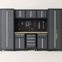 Garage Storage Cabinet System 9-Pcs Workshop Set Garage Cabinets and Storage System with Steel Cabinet Drawers, Rolling Chest, Workbench, Pegboard for Garage Tool Organization, Black — Studio Shot