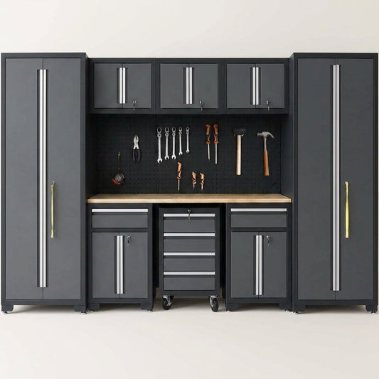 Garage Storage Cabinet System 9-Pcs Workshop Set Garage Cabinets and Storage System with Steel Cabinet Drawers, Rolling Chest, Workbench, Pegboard for Garage Tool Organization, Black — Studio Shot