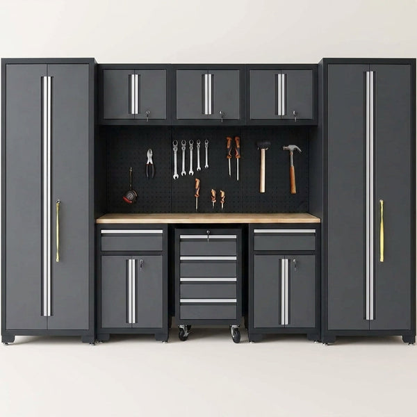 Garage Storage Cabinet System 9-Pcs Workshop Set Garage Cabinets and Storage System with Steel Cabinet Drawers, Rolling Chest, Workbench, Pegboard for Garage Tool Organization, Black — Studio Shot