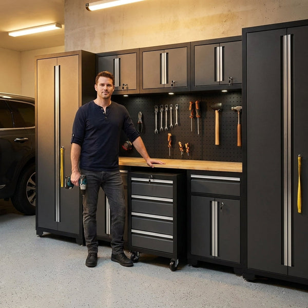 Garage Storage Cabinet System Designed for Complete Organization, 9 Piece Set, Steel Construction, Workbench