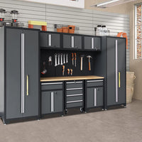 Garage Storage Cabinet System 9-Pcs Workshop Set Garage Cabinets and Storage System with Steel Cabinet Drawers, Rolling Chest, Workbench, Pegboard for Garage Tool Organization, Black